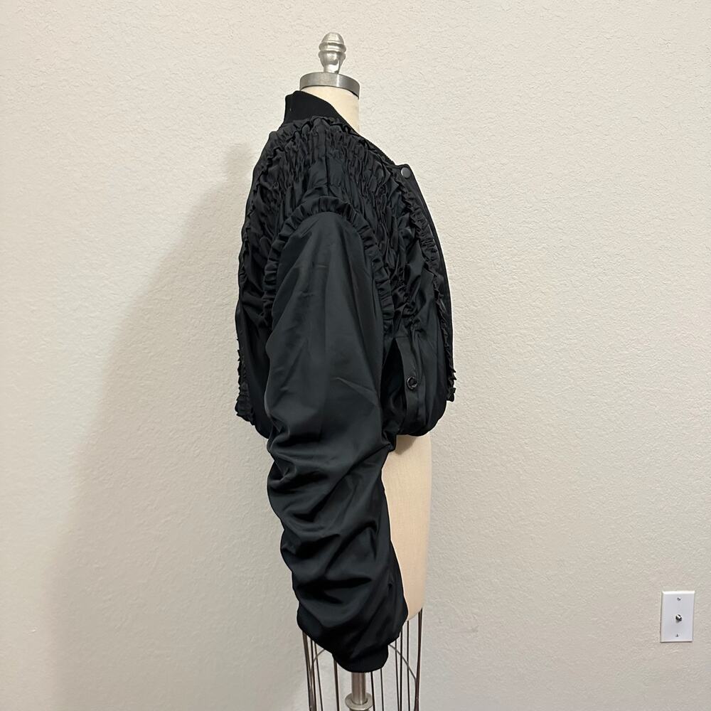 MABLE Bomber Jacket Black Lined Ruched Ruffled Cropped Relaxed Fit - Picture 5 of 11